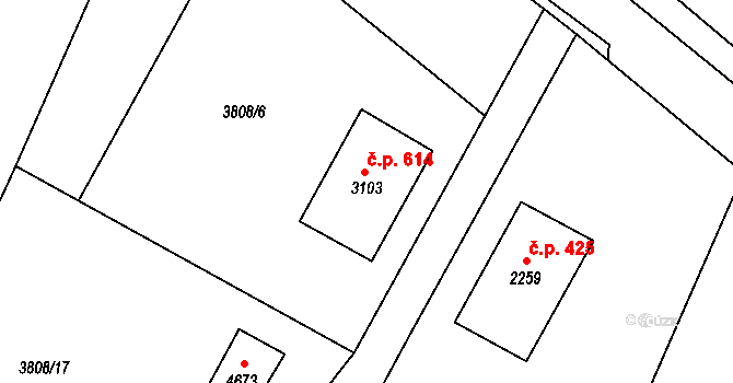 Čínov 614, Klatovy na parcele st. 3103 v KÚ Klatovy, Katastrální mapa