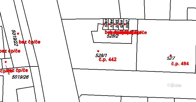 Smíchov 442, Praha na parcele st. 528/1 v KÚ Smíchov, Katastrální mapa