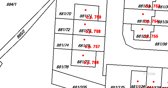 Čimice 757, Praha na parcele st. 881/75 v KÚ Čimice, Katastrální mapa