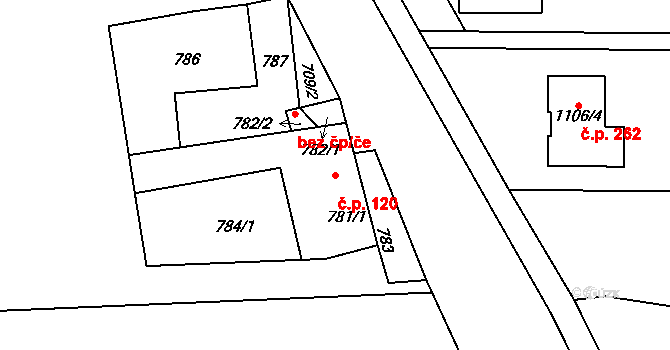 Jevišovka 120 na parcele st. 781/1 v KÚ Jevišovka, Katastrální mapa