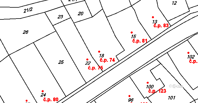 Kanice 74 na parcele st. 18 v KÚ Kanice, Katastrální mapa