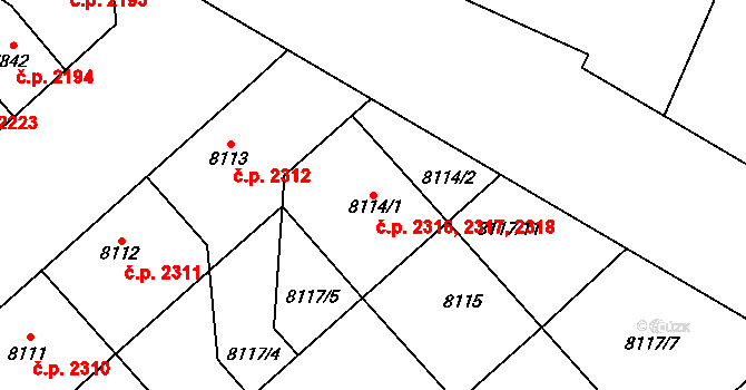 Jižní Předměstí 2316,2317,2318, Plzeň na parcele st. 8114/1 v KÚ Plzeň, Katastrální mapa