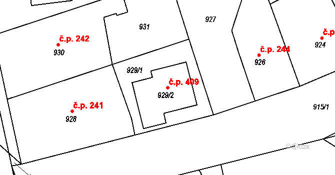 Fryšták 409 na parcele st. 929/2 v KÚ Fryšták, Katastrální mapa
