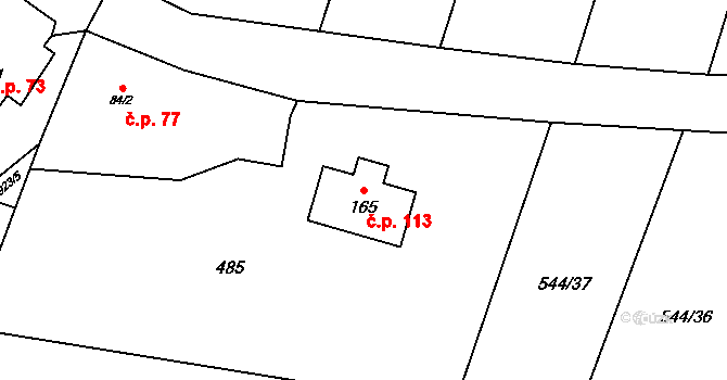 Podbořanský Rohozec 113 na parcele st. 165 v KÚ Podbořanský Rohozec, Katastrální mapa