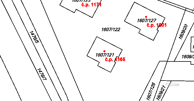 Kosmonosy 1165 na parcele st. 1607/121 v KÚ Kosmonosy, Katastrální mapa