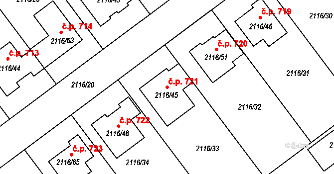 Vacenovice 721 na parcele st. 2116/45 v KÚ Vacenovice u Kyjova, Katastrální mapa