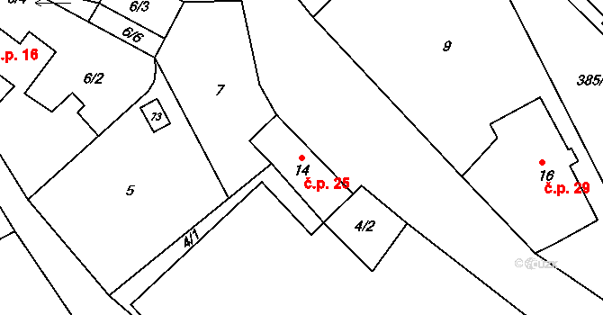 Třebýcina 25, Měčín na parcele st. 14 v KÚ Třebýcina, Katastrální mapa