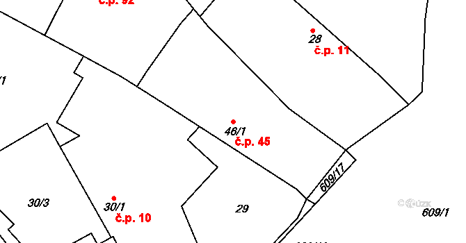 Lohenice 45, Přelouč na parcele st. 46/1 v KÚ Lohenice u Přelouče, Katastrální mapa