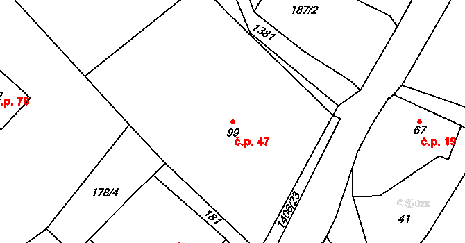 Heřmanice u Oder 47 na parcele st. 99 v KÚ Heřmanice u Oder, Katastrální mapa