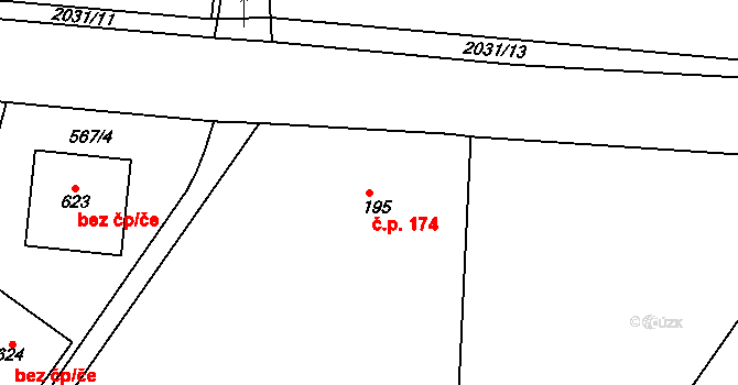 Merklín 174 na parcele st. 195 v KÚ Merklín u Přeštic, Katastrální mapa
