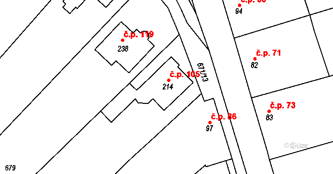 Prostějovičky 105 na parcele st. 214 v KÚ Prostějovičky, Katastrální mapa