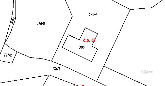 Vaneč 37, Pyšel na parcele st. 205 v KÚ Vaneč, Katastrální mapa