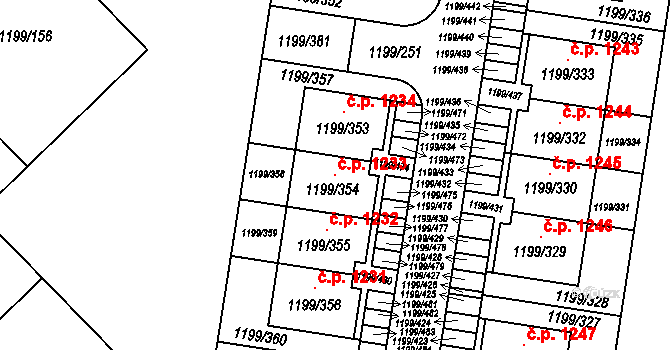 Vejprnice 1233 na parcele st. 1199/354 v KÚ Vejprnice, Katastrální mapa