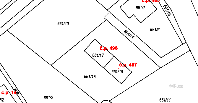 Svatava 496 na parcele st. 661/17 v KÚ Svatava, Katastrální mapa