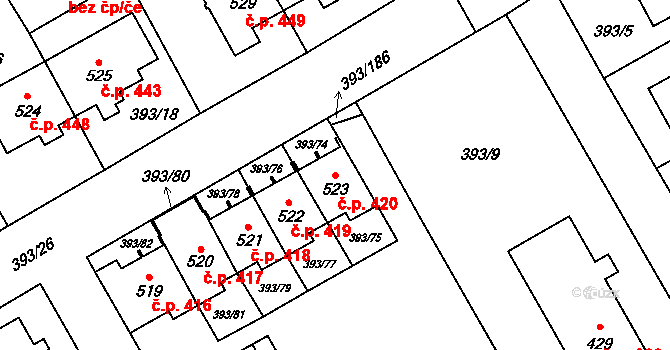 Horoměřice 420 na parcele st. 523 v KÚ Horoměřice, Katastrální mapa