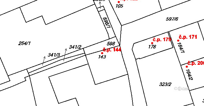 Veltruby 144 na parcele st. 143 v KÚ Veltruby, Katastrální mapa