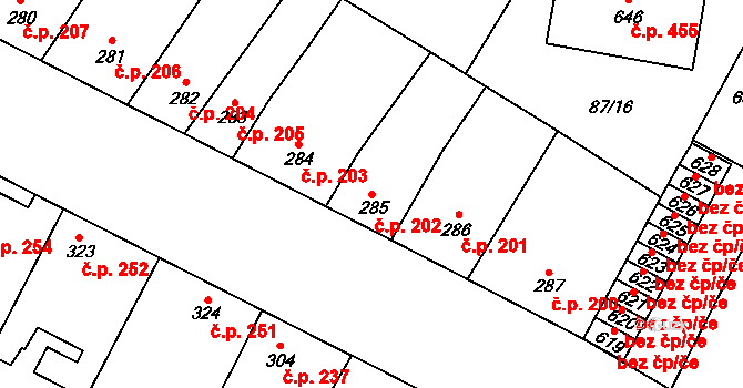 Budyně nad Ohří 202 na parcele st. 285 v KÚ Budyně nad Ohří, Katastrální mapa