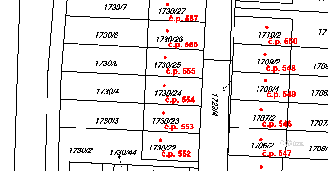 Batelov 554 na parcele st. 1730/24 v KÚ Batelov, Katastrální mapa