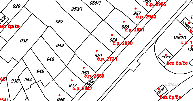 Chomutov 2721 na parcele st. 951 v KÚ Chomutov II, Katastrální mapa