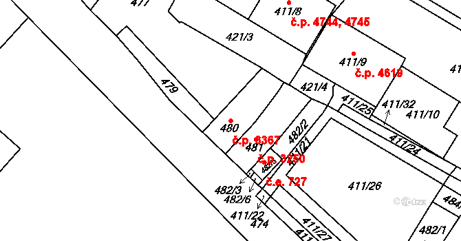 Chomutov 3367 na parcele st. 480 v KÚ Chomutov I, Katastrální mapa
