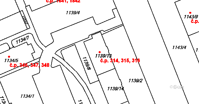 Koterov 314,315,316, Plzeň na parcele st. 1139/13 v KÚ Hradiště u Plzně, Katastrální mapa