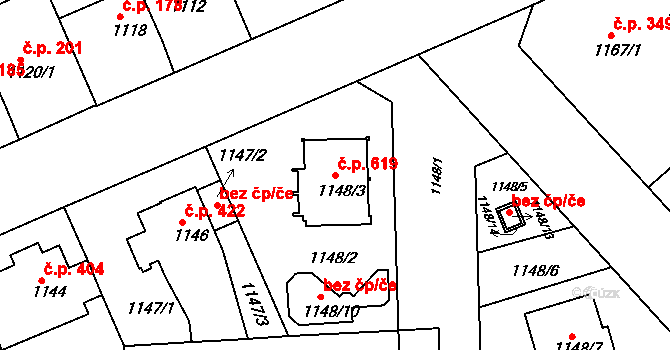 Černice 619, Plzeň na parcele st. 1148/3 v KÚ Bručná, Katastrální mapa