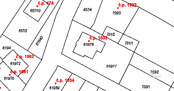Sadská 1033 na parcele st. 610/78 v KÚ Sadská, Katastrální mapa