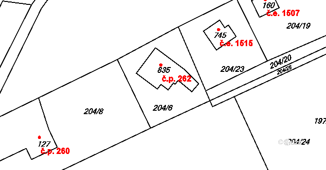 Ládeves 262, Kamenice na parcele st. 835 v KÚ Ládví, Katastrální mapa