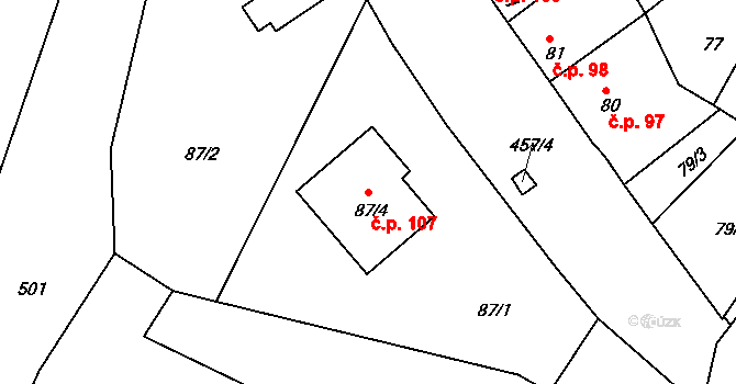 Hradčany 107, Hradčany-Kobeřice na parcele st. 87/4 v KÚ Hradčany u Prostějova, Katastrální mapa