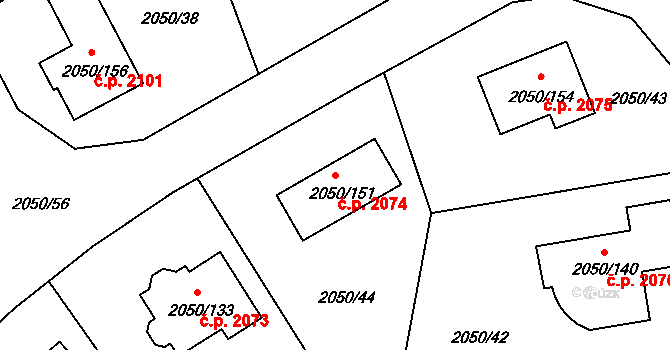 Pelhřimov 2074 na parcele st. 2050/151 v KÚ Pelhřimov, Katastrální mapa