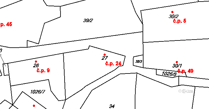 Roučkovice 24, Pacov na parcele st. 27 v KÚ Roučkovice, Katastrální mapa