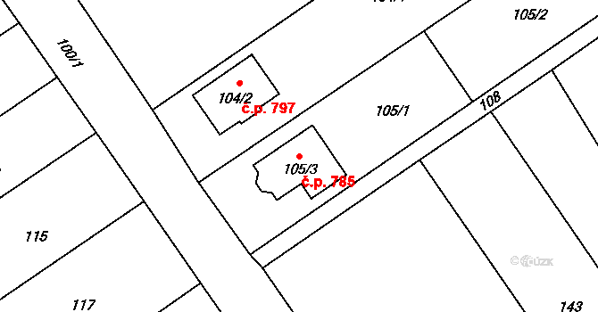 Březce 785, Štěpánov na parcele st. 105/3 v KÚ Březce, Katastrální mapa