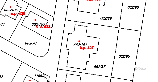 Lipůvka 407 na parcele st. 662/101 v KÚ Lipůvka, Katastrální mapa