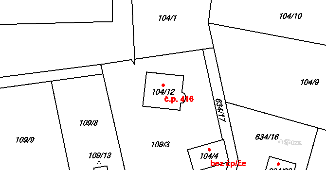 Červený Hrádek 416, Plzeň na parcele st. 104/12 v KÚ Červený Hrádek u Plzně, Katastrální mapa