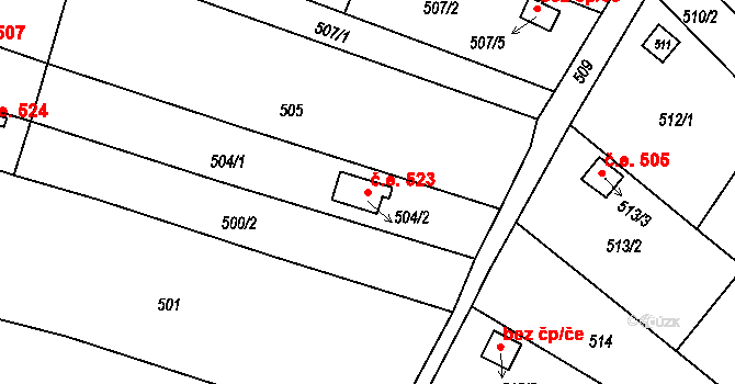 Rousínov 523 na parcele st. 504/2 v KÚ Rousínov u Vyškova, Katastrální mapa