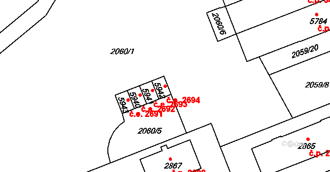 Hodonín 2694 na parcele st. 5942 v KÚ Hodonín, Katastrální mapa