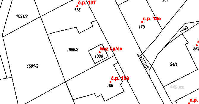 Horní Bříza 39623084 na parcele st. 1030 v KÚ Horní Bříza, Katastrální mapa