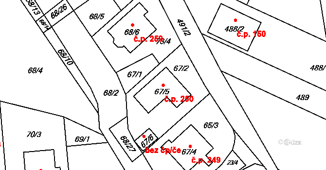 Chlebičov 250 na parcele st. 67/5 v KÚ Chlebičov, Katastrální mapa