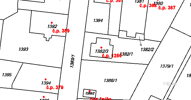 Kosmonosy 1250 na parcele st. 1382/3 v KÚ Kosmonosy, Katastrální mapa