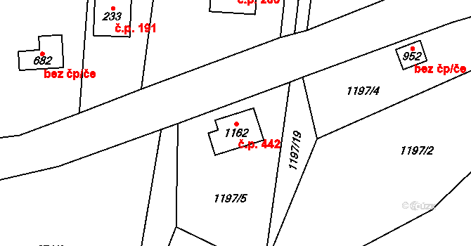 Skalice 442, Frýdek-Místek na parcele st. 1162 v KÚ Skalice u Frýdku-Místku, Katastrální mapa