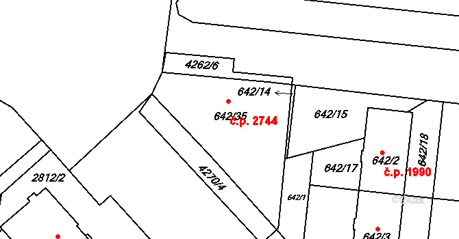 Dejvice 2744, Praha na parcele st. 642/35 v KÚ Dejvice, Katastrální mapa