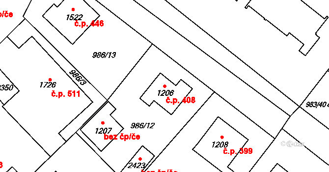 Jílové u Prahy 408 na parcele st. 1206 v KÚ Jílové u Prahy, Katastrální mapa