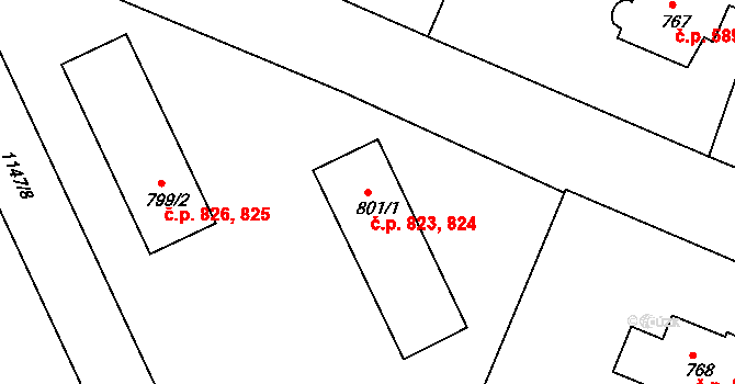 Vamberk 823,824 na parcele st. 801/1 v KÚ Vamberk, Katastrální mapa