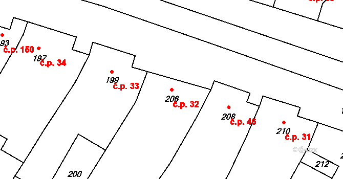 Moravský Žižkov 32 na parcele st. 206 v KÚ Moravský Žižkov, Katastrální mapa