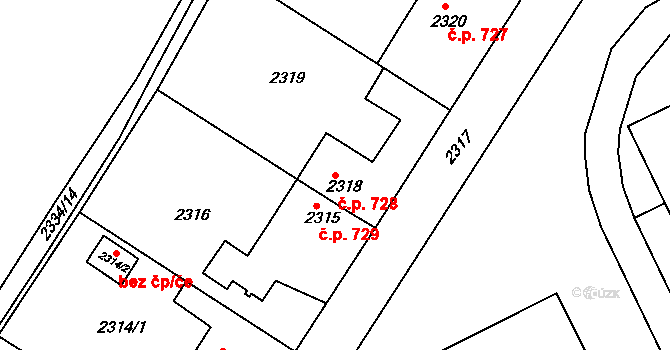 Zruč nad Sázavou 728 na parcele st. 2318 v KÚ Zruč nad Sázavou, Katastrální mapa