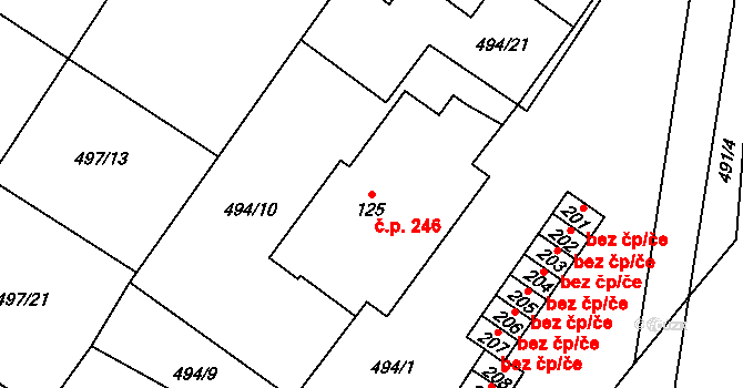 Dobronín 246 na parcele st. 125 v KÚ Střelecká, Katastrální mapa