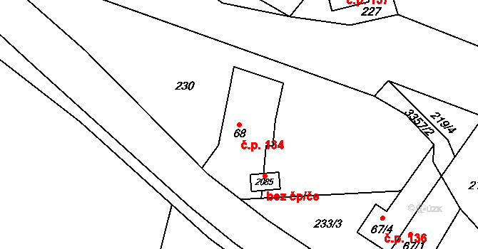 Kunčice pod Ondřejníkem 134 na parcele st. 68 v KÚ Kunčice pod Ondřejníkem, Katastrální mapa