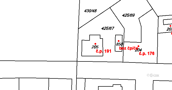 Přezletice 191 na parcele st. 205 v KÚ Přezletice, Katastrální mapa