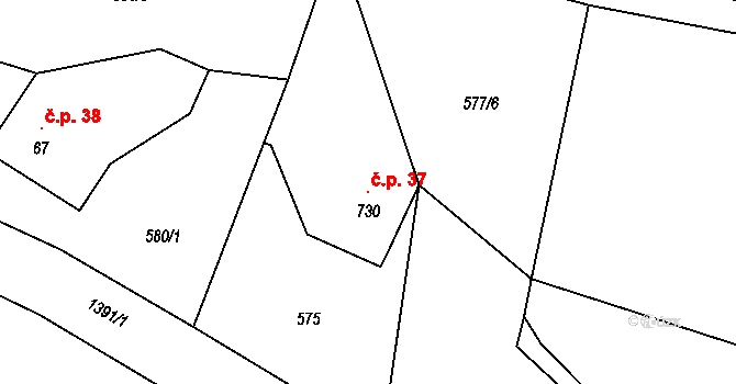 Raškovice 37 na parcele st. 730 v KÚ Raškovice, Katastrální mapa