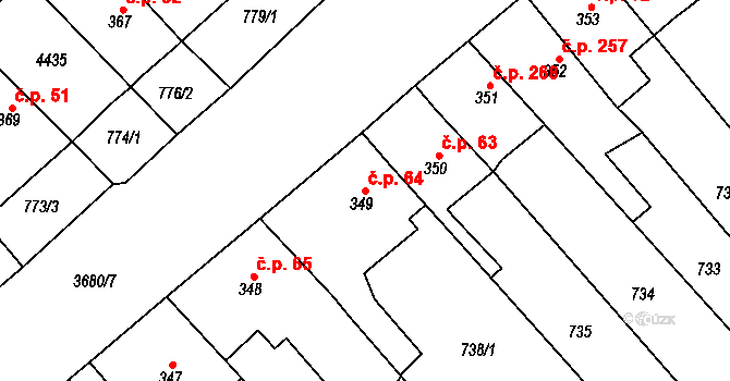 Ostrovské Předměstí 64, Lanškroun na parcele st. 349 v KÚ Lanškroun, Katastrální mapa